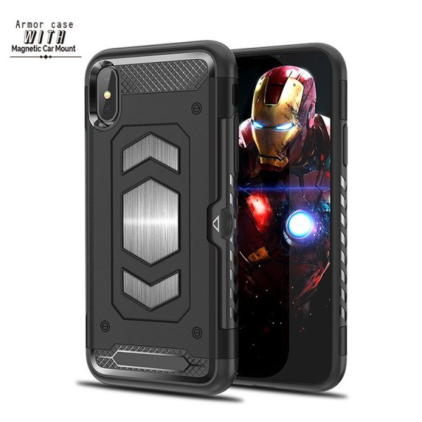Wholesale iPhone Xr 6.1in Metallic Plate Case Work with Magnetic Holder and Card Slot (Black)